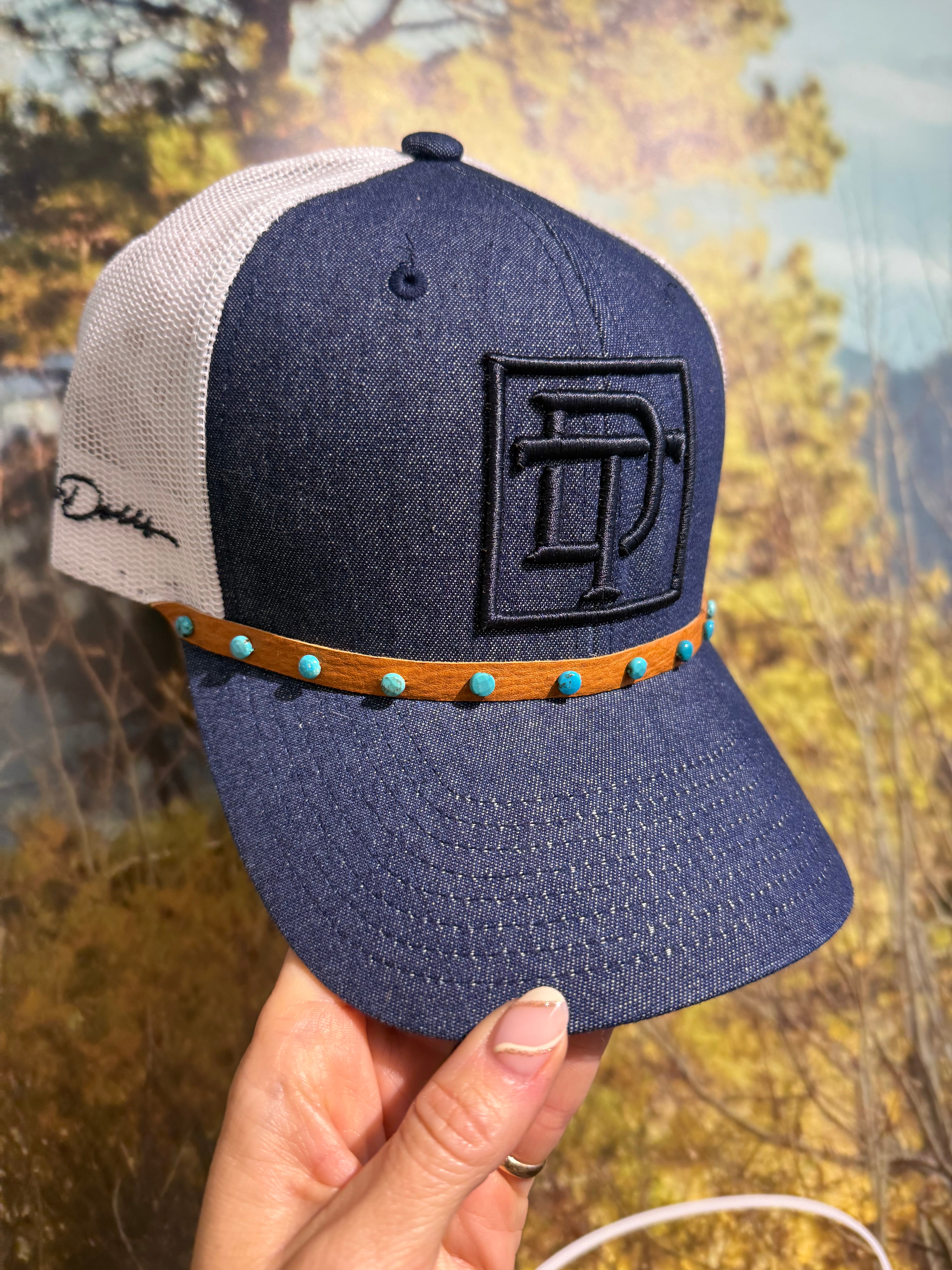 Denim dreams with genuine leather band and turquoise beads
