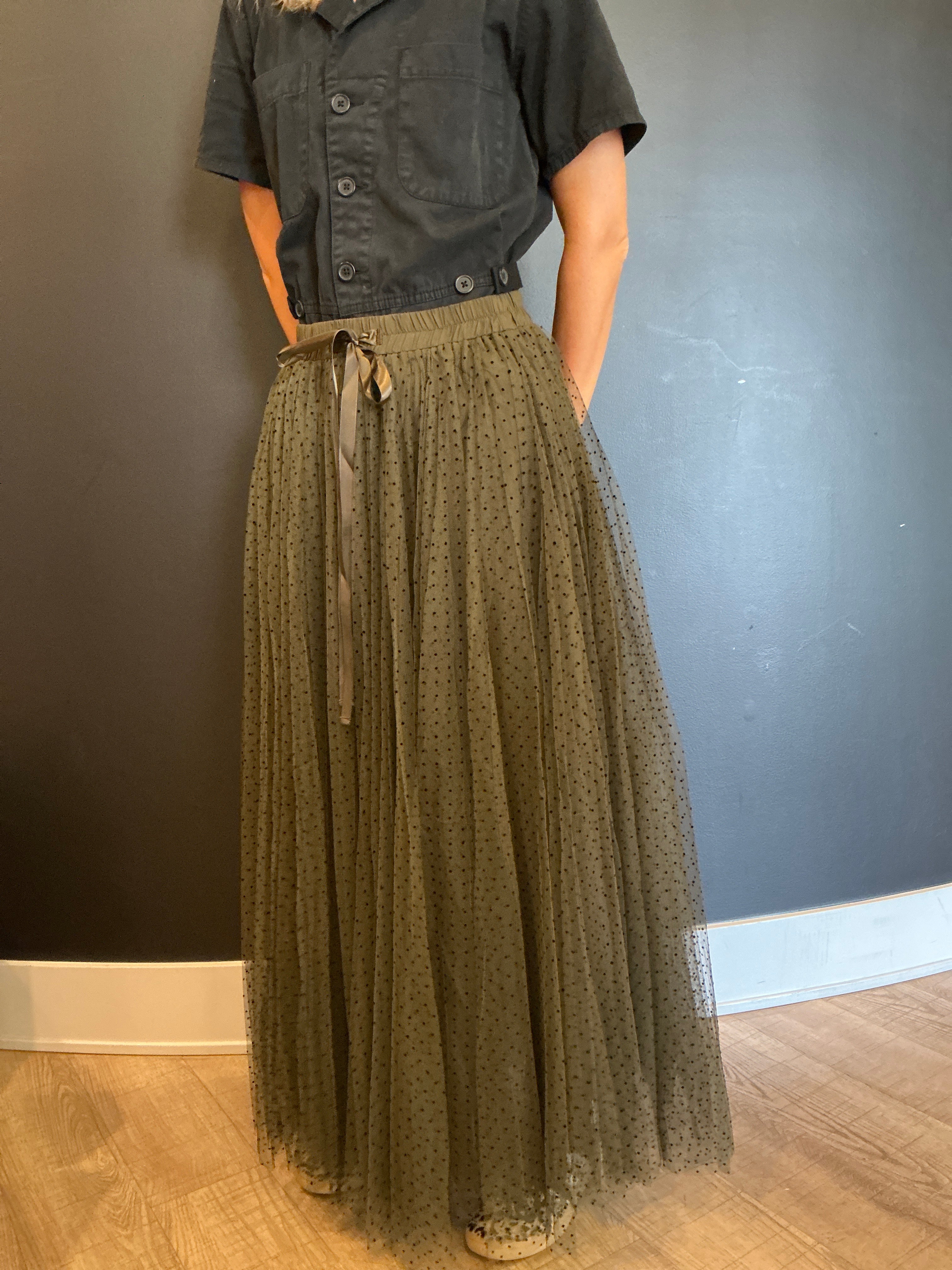 Black dot and olive green tulle skirt