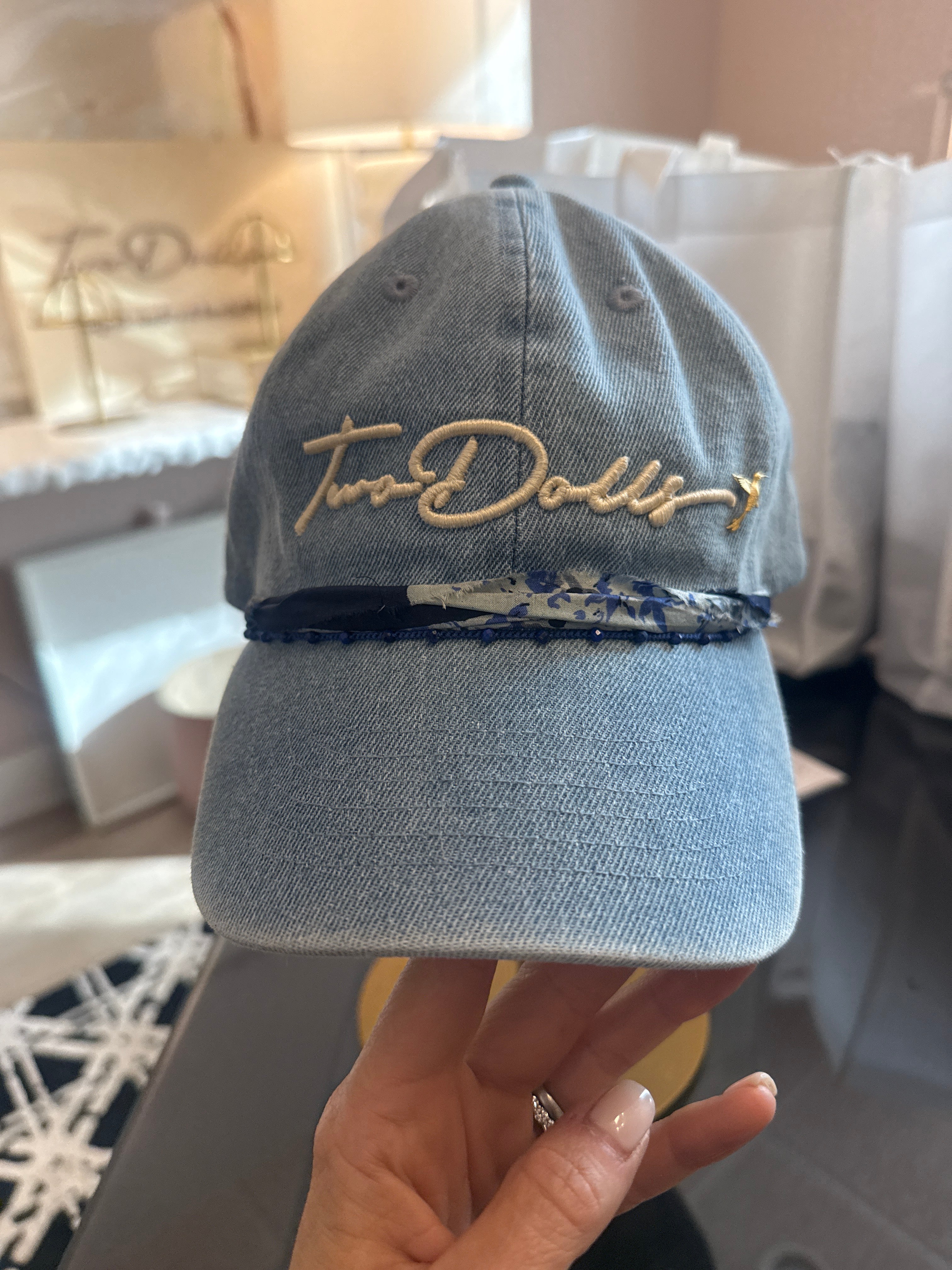 Chambray hat with loom beaded band and silk