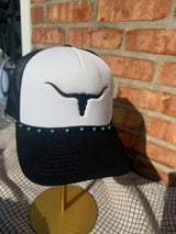 Bullheaded Trucker Hat with turquoise beads on leather band