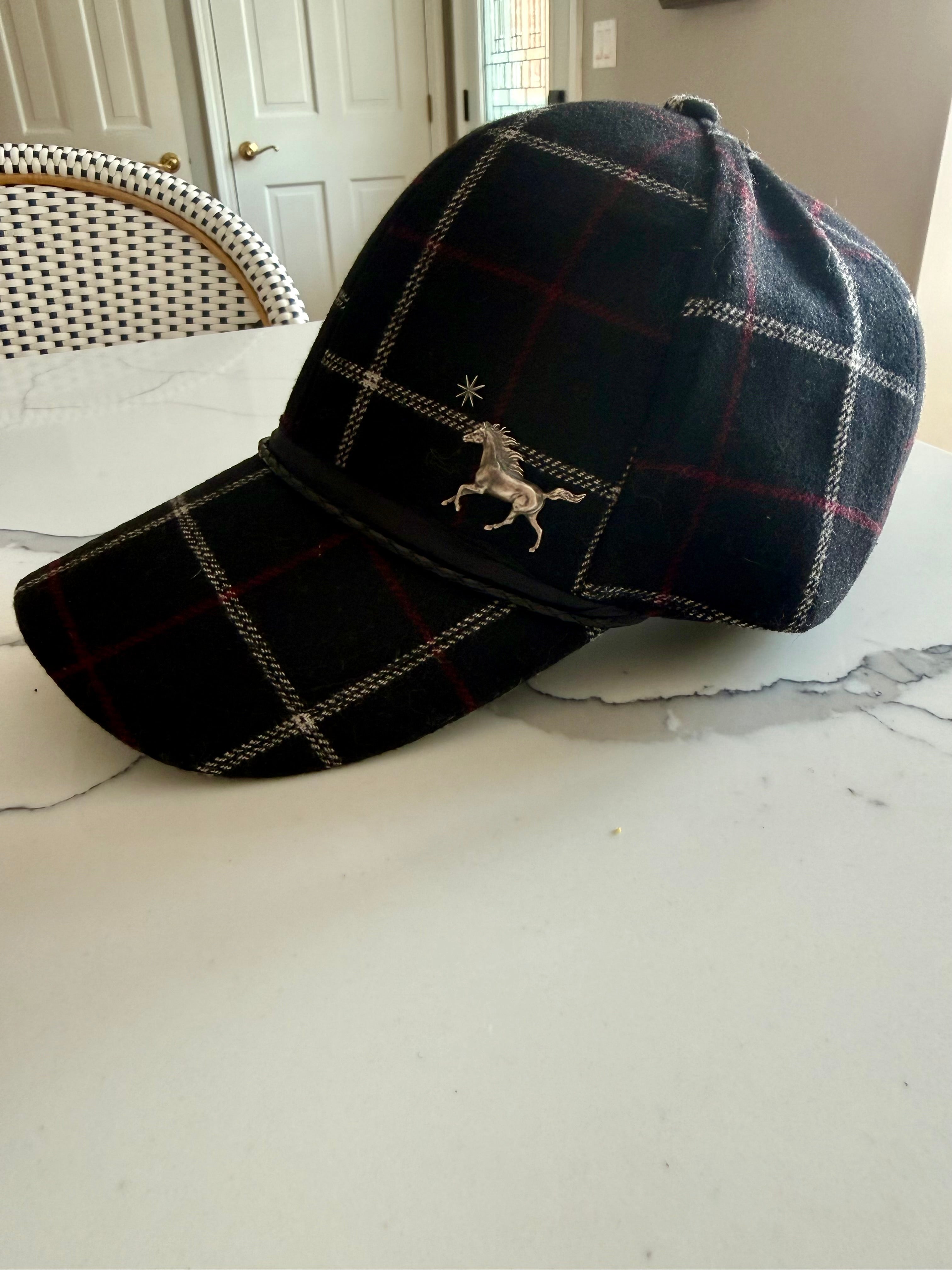 One-of-a-kind Black Plaid Wendy with Black Leather and Silk Band